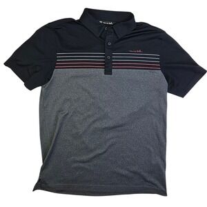 TravisMathew Mens Small Polo Shirt Black Grey Striped Colorblock Short Sleeve